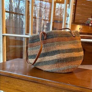 Striped Tan and Brown Woven Tote Bag
